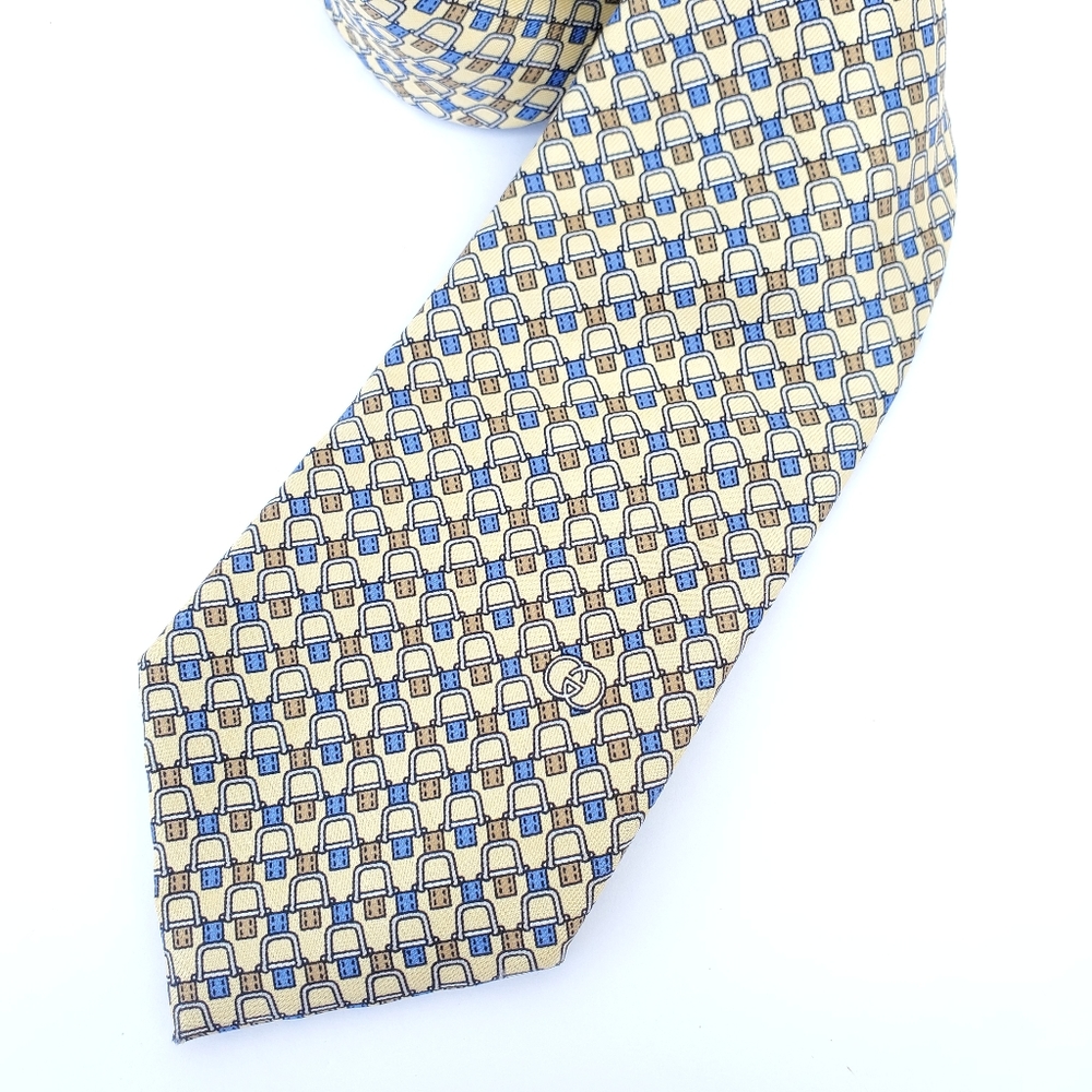 GUCCI MENS GOLD BLUE SILK NECK TIE MADE IN ITALY